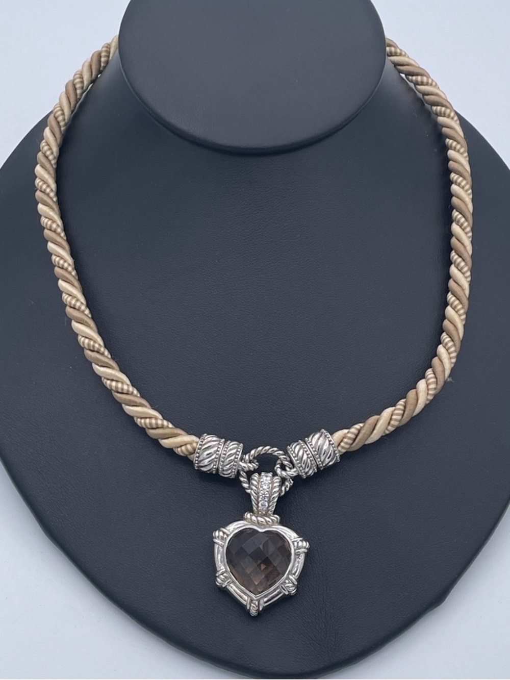 Judith Ripka Smoky Quartz Heart Enhancer Pendant CZ With Twisted Silk Cord 17"